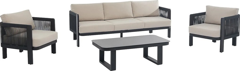 Zestaw mebli ogrodowych z aluminium i plecionki: Kanapa  3-osobowa, 2 fotele i 1 stolik kawowy - Czarny z beżowymi poduszkami - HELYSI by MYLIA