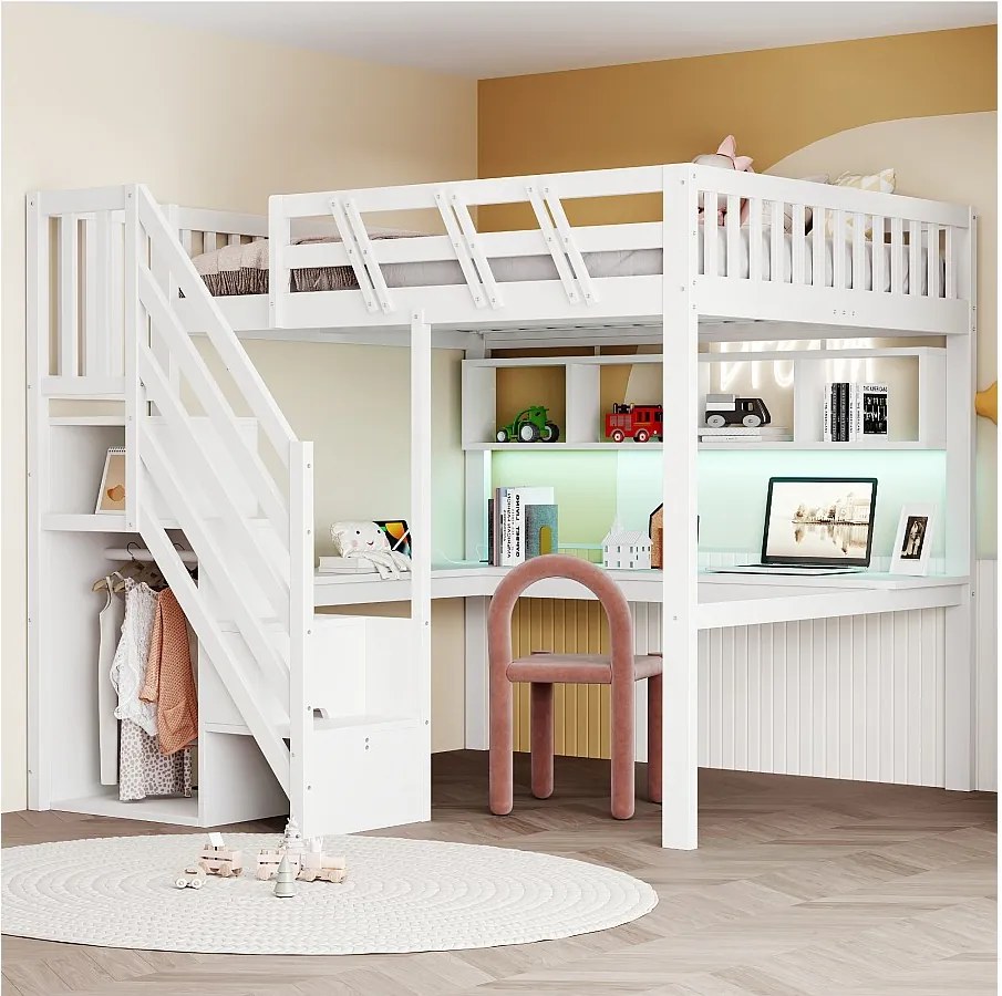 Łóżko piętrowe dla dzieci - 140 x 200 cm - ze schodkami do przechowywania + biurko + port USB + diody LED - drewno - białe