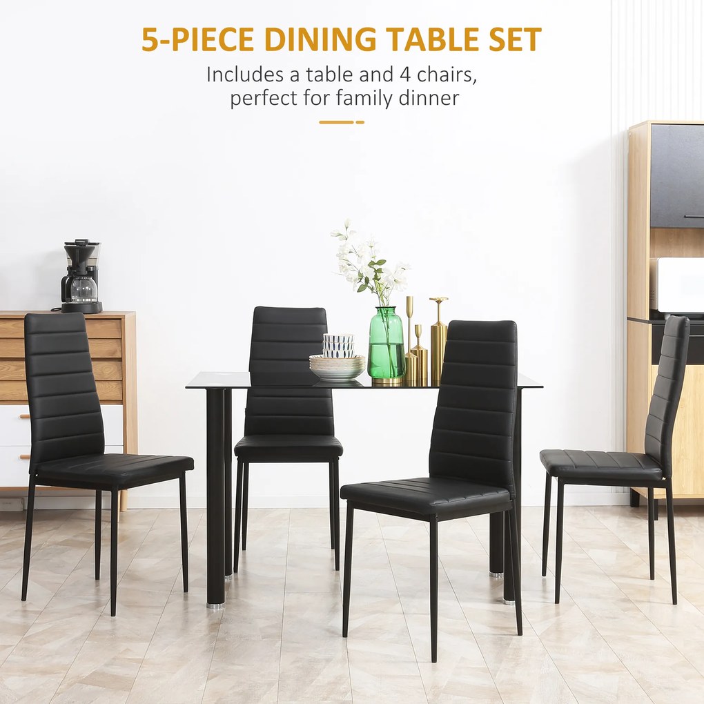 HOMCOM 5-częściowy Zestaw Jadalny Zestaw Stołowy Stół z 4 Krzesłami, nowoczesny design, stół z blatem z hartowanego szkła, Czarny