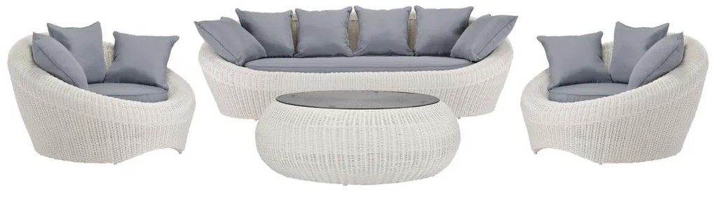 Salon ogrodowy z technorattanu w kolorze Kość słoniowa: kanapa, 2 fotele i niski stół - WHITEHEAVEN