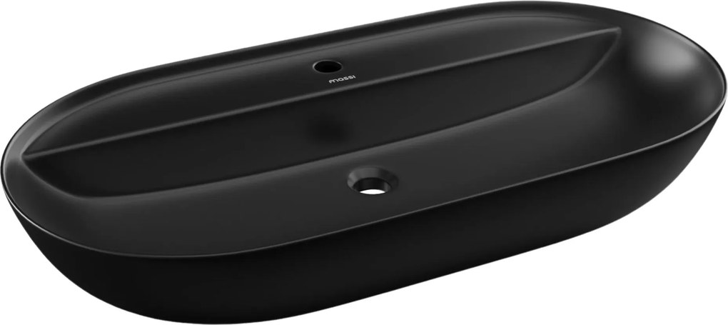 Umywalka ceramiczna nablatowa owalna czarna z otworem i z półką na mydło 80 x 40 cm DECOS Black z rantem Slim