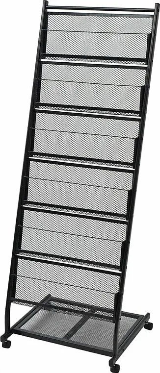Metalowy stojak na czasopisma czarny z 6 półkami A4 i kółkami z hamulcami 47,5x43x133 cm nowoczesny design
