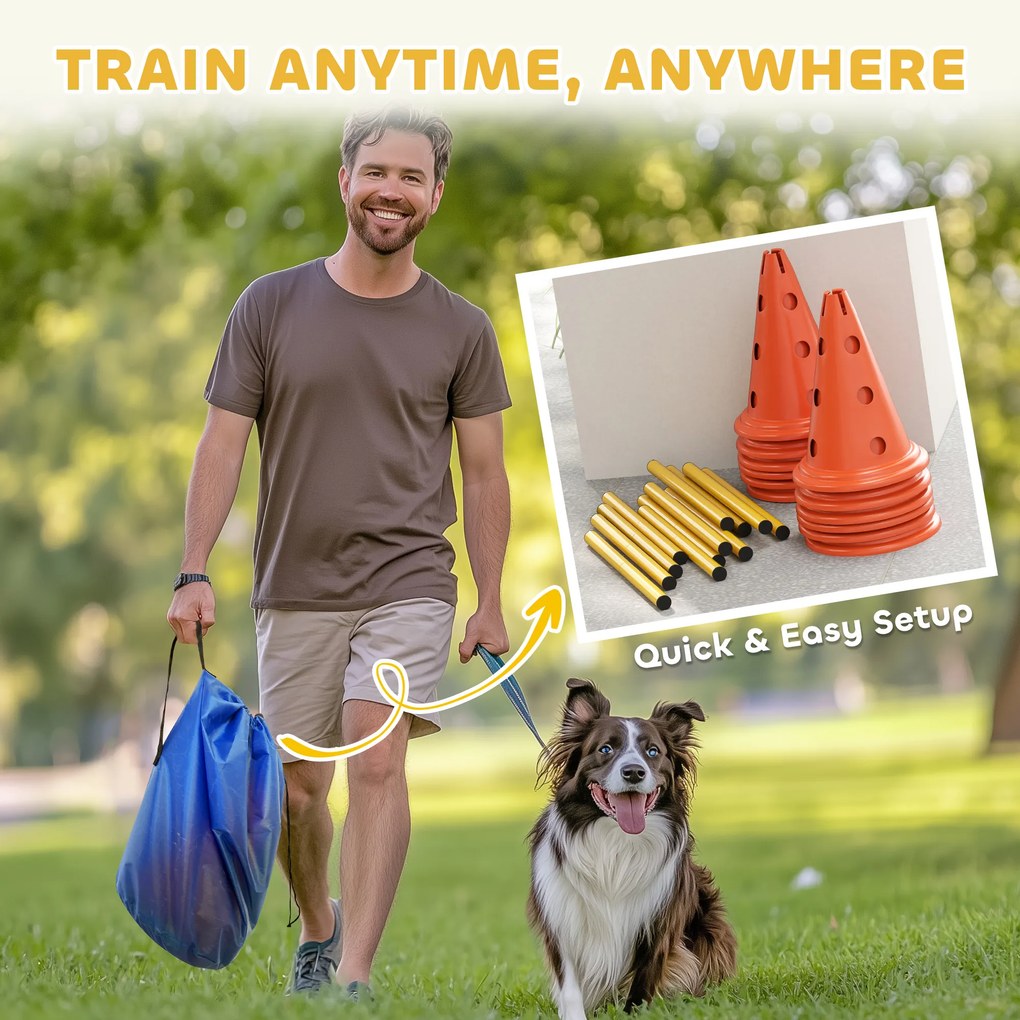PawHut Zestaw Agility dla Psów 6-częściowy, Zestaw do Treningu z 12 Stożkami 6 Przeszkodami Torba