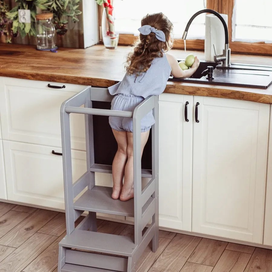 Kitchen helper z tablicą drewniany pomocnik kuchenny dla dziecka, szary ciemny - meowbaby®