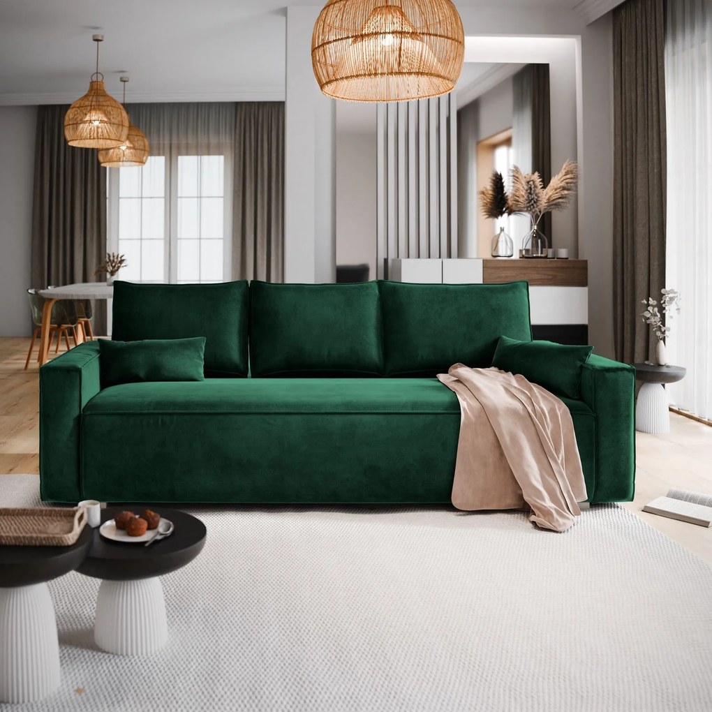 Masseno Sofa ALATRI z funkcją spania i pojemnikiem na pościel, Rozkładana sofa - Butelkowa zieleń, MONOLITH 37