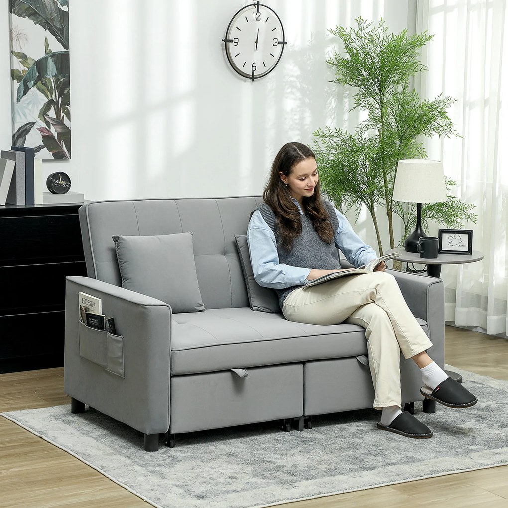 HOMCOM Sofa 4 w 1, regulowana sofa, sofa łóżko, z poduszkami, obicie z tkaniny, do salonu, sypialni, szara