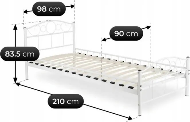Łóżko Metalowe Jednoosobowe 90x200 cm ze Stelażem GRIFFIN Metalowe Białe Loft