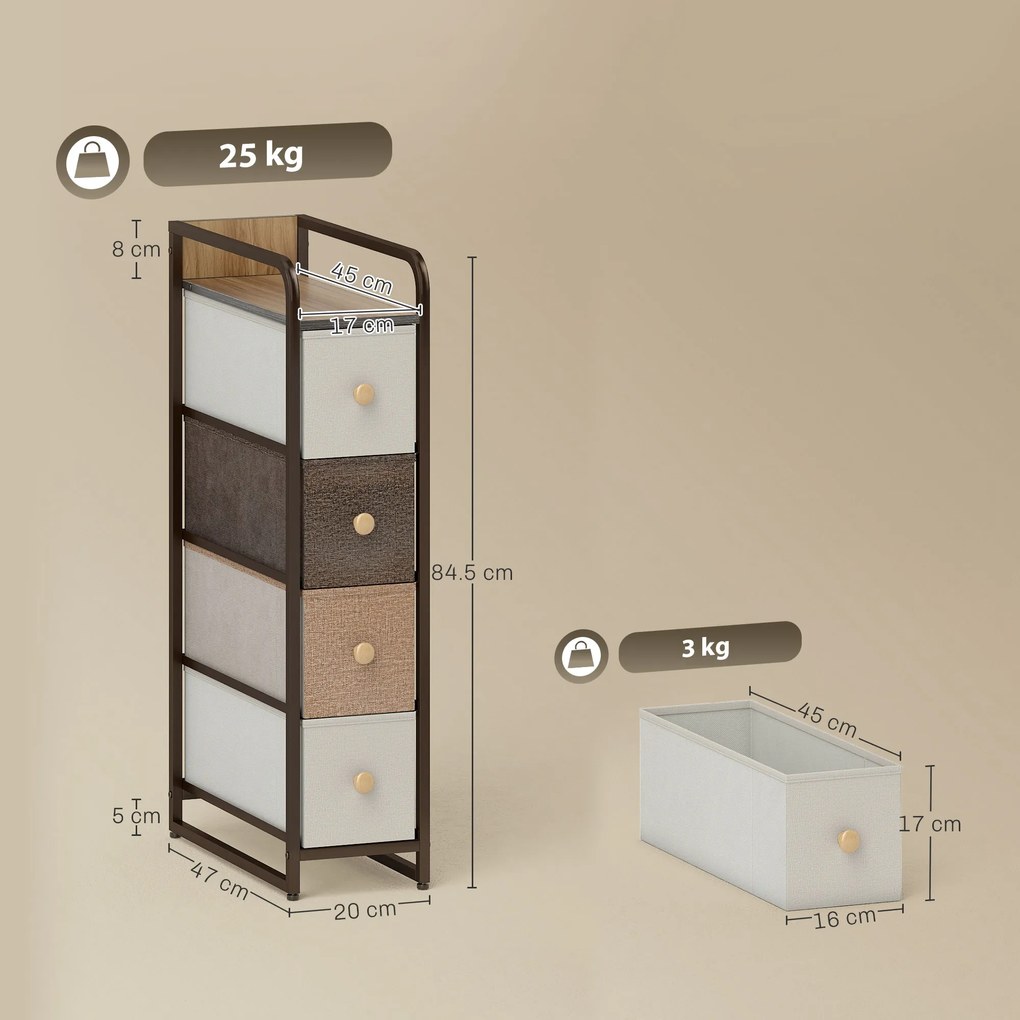 HOMCOM Komoda z 4 tkaninowymi szufladami, szafka do przechowywania ze stalową ramą, 20 x 47 x 84,5 cm, wielobarwna | Aosom PL
