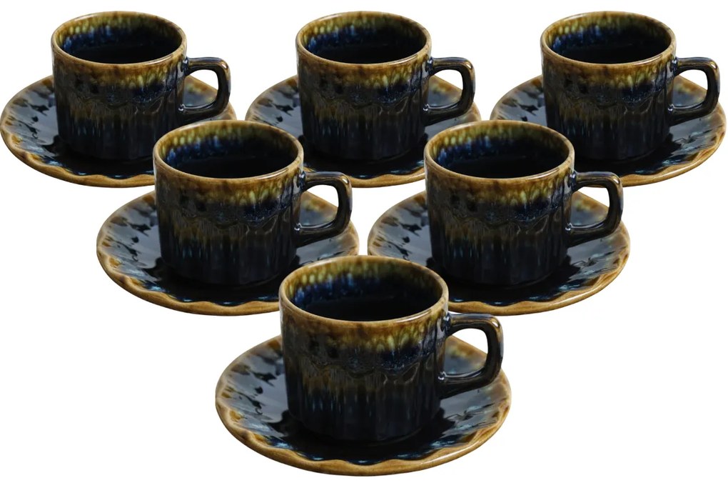 Zestaw 6 filiżanek z kamionki ze spodkami Elementa 185 ml, ciemnoniebieski