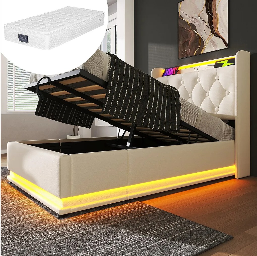 Łóżko z pojemnikiem 90x200 cm - z zagłówkiem ze schowkiem, oświetleniem LED, USB/Typ-C, stelażem - biały - materac w cenie