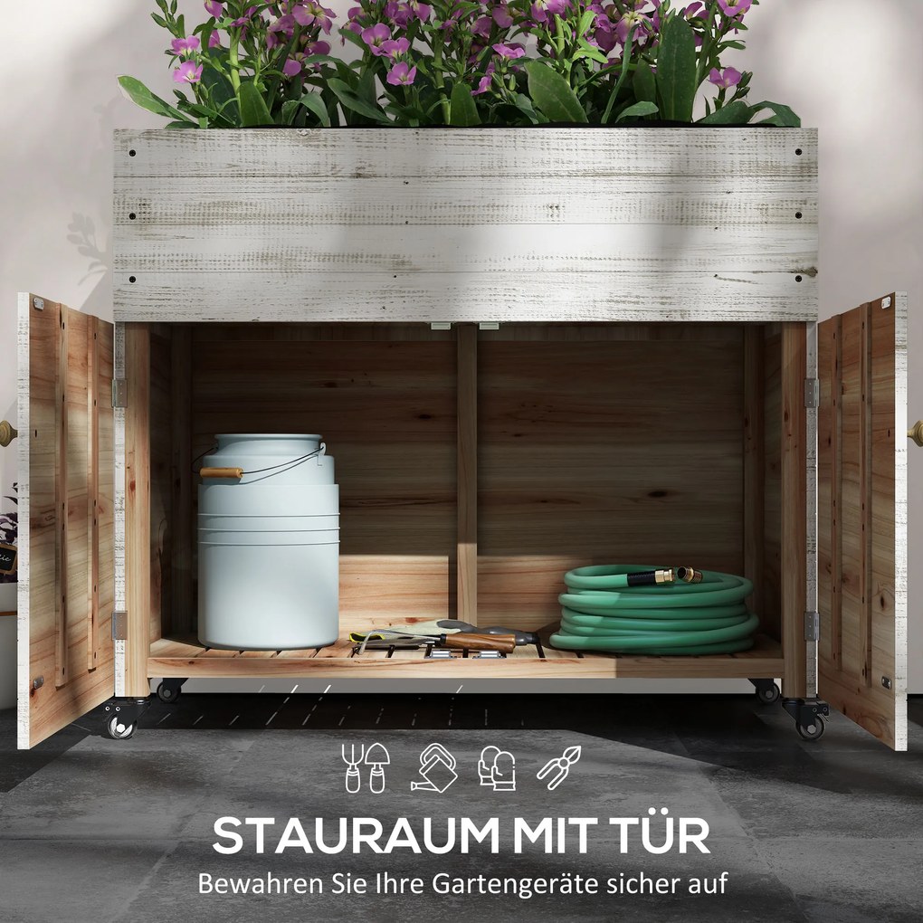 Outsunny Podwyższane Grządki Drewniane z Szufladą Szklarnia na Kółkach Skrzynia Ziołowa 110x50x95cm Biały | Aosom PL