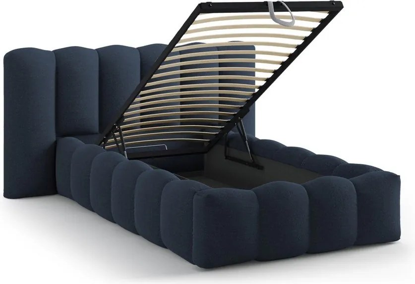Niebieskie tapicerowane łóżko jednoosobowe ze schowkiem i stelażem 90x200 cm Lupine – Micadoni