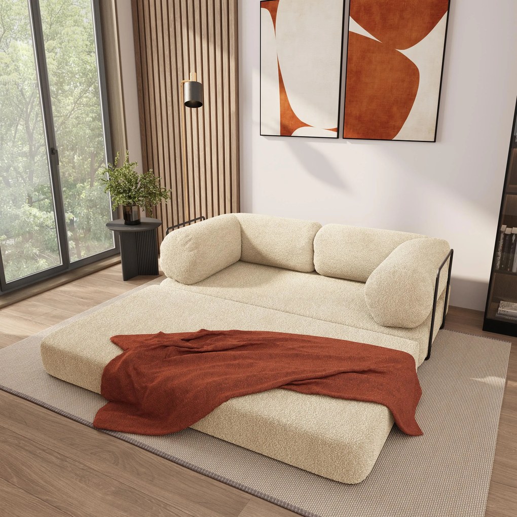 Masseno Sofa piankowa EIREN z funkcją spania, Kanapa z pianki do salonu, Bezmontażowa, Tkanina bucle – Kremowy QUELLE 02