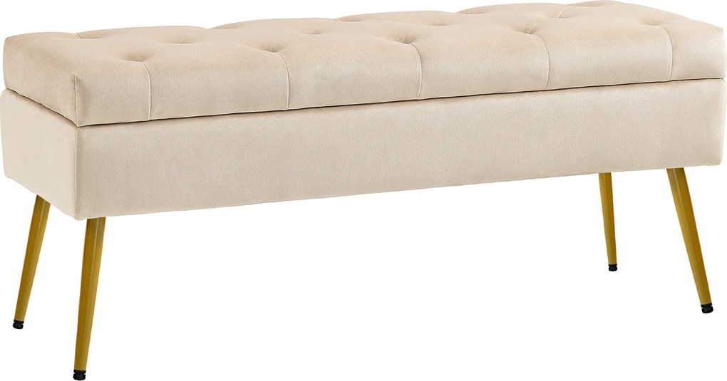 HOMCOM Ławka z miejscem do przechowywania w wyglądzie aksamitu, pikowany podnóżek z tapicerowaną ławką, rama metalowa, 102 x 35 x 43 cm, Beżowy