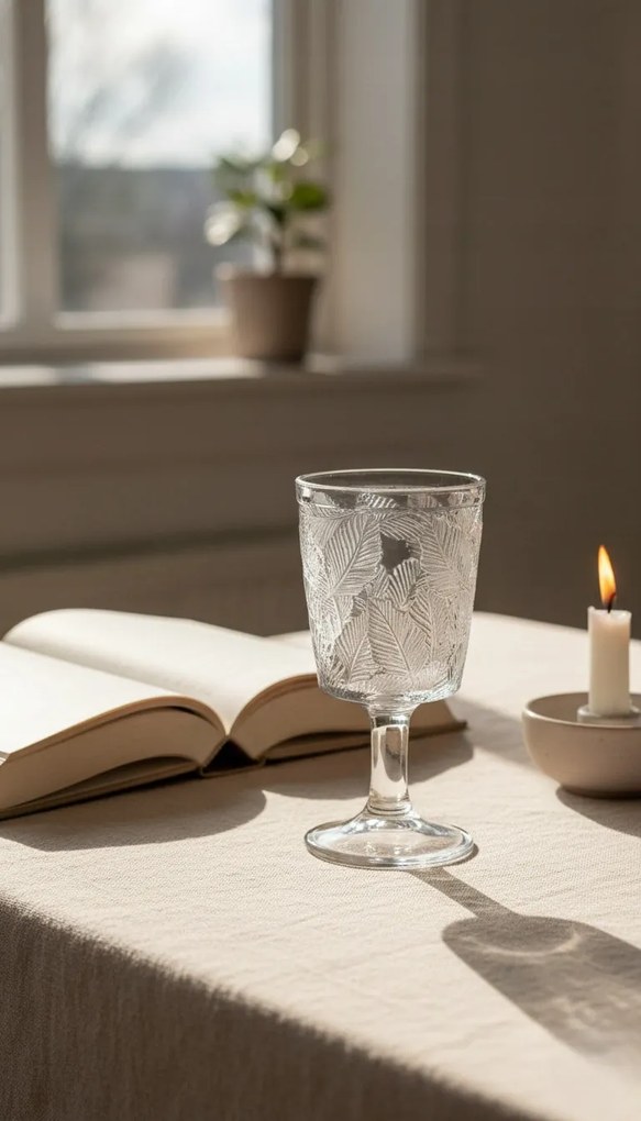 Kielich szklany 350 ml z tłoczonym wzorem liści elegancka szklanka na nodze