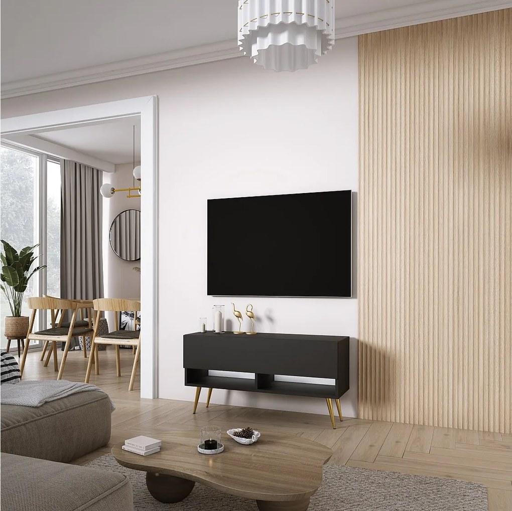 Szafka pod telewizor 100 cm Czarny Mat, nóżki pochyłe złote, LED biały, 100 × 32 × 52 cm