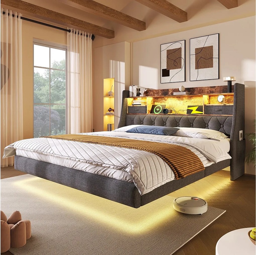 Łóżko dla dorosłych 140x200 cm, łóżko dwuosobowe z USB i oświetleniem LED, zagłówek ze schowkiem - Szary len (bez materaca)