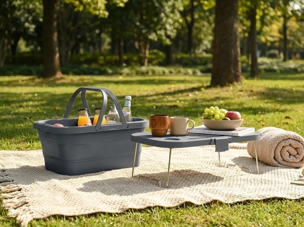 Składany kosz piknikowy TRIGO 3w1, szary