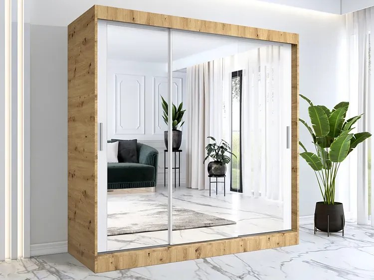 Szafa przesuwna z lustrem dąb artisan + biały 200 cm - Kukkin 6X