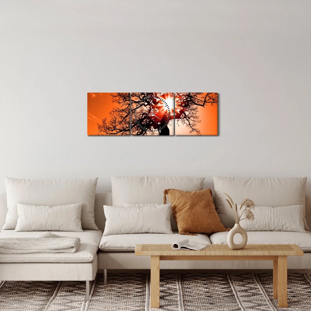 Obraz - Dąb o zachodzie słońca (z zegarem) (90x30 cm)