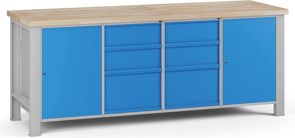 Stół warsztatowy G7, blat bukowy, 2100 x 685 x 840 mm, 2x szafka, 6x szuflada, niebieski