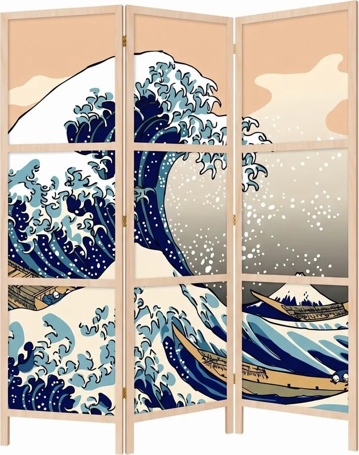 Parawan pokojowy 3-częściowy 135x172 drewniany japoński Jednostronny dekoracyjny japandi pop-art Niebieski