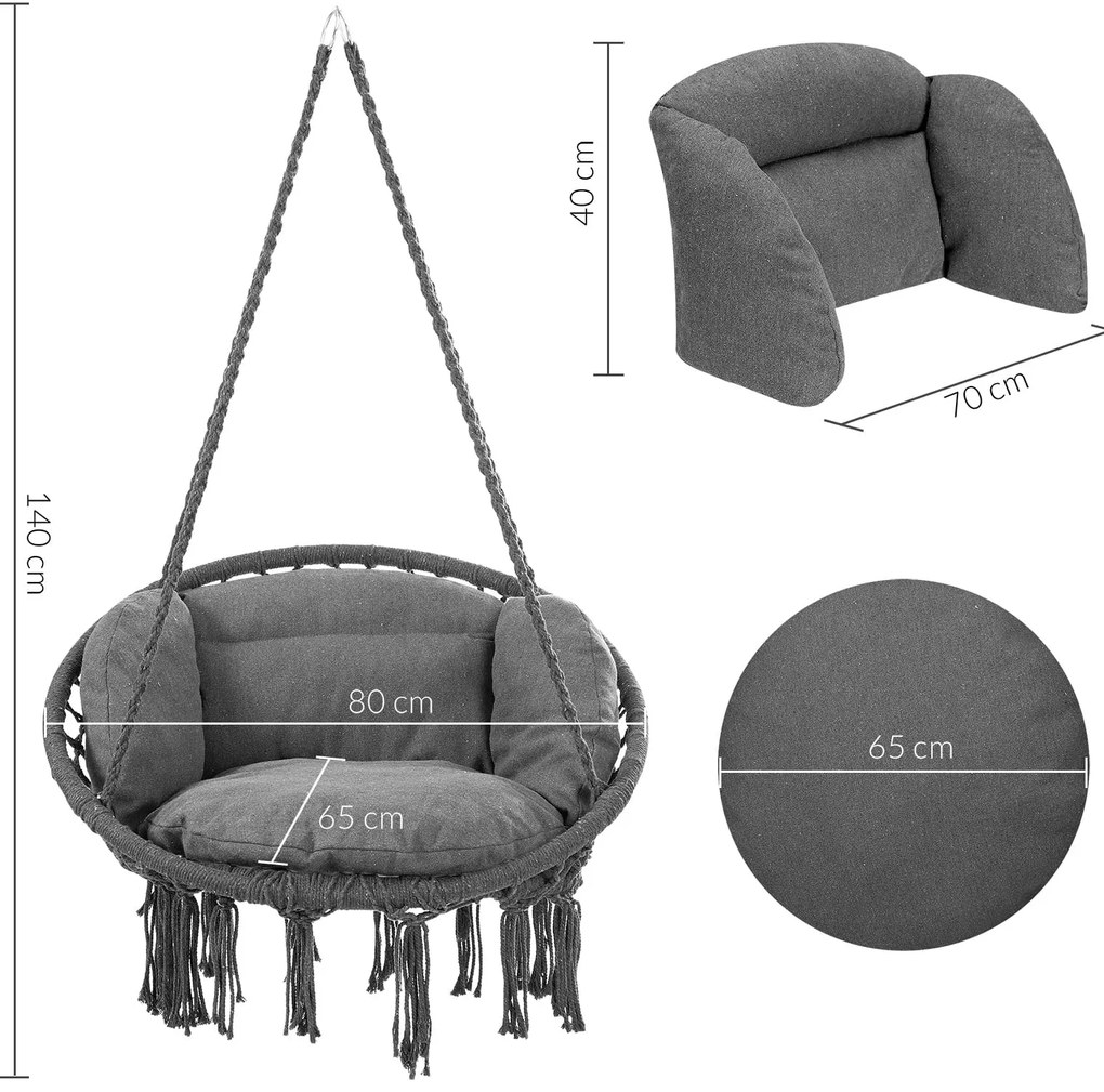 Jurhan Wiszące krzesło BOHO z poduszkami, Ø61cm, antracytowa