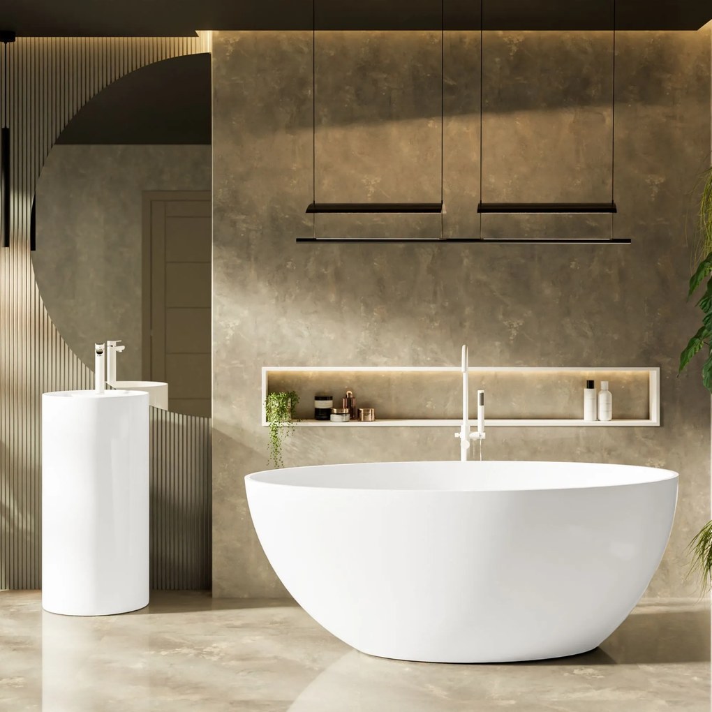 Umywalka z konglomeratu wolnostojąca okrągła biała błyszcząca 87 x 44 cm KALMI WHITE GLOW z otworem na baterię : Podłączenie syfonu - Do podłogi