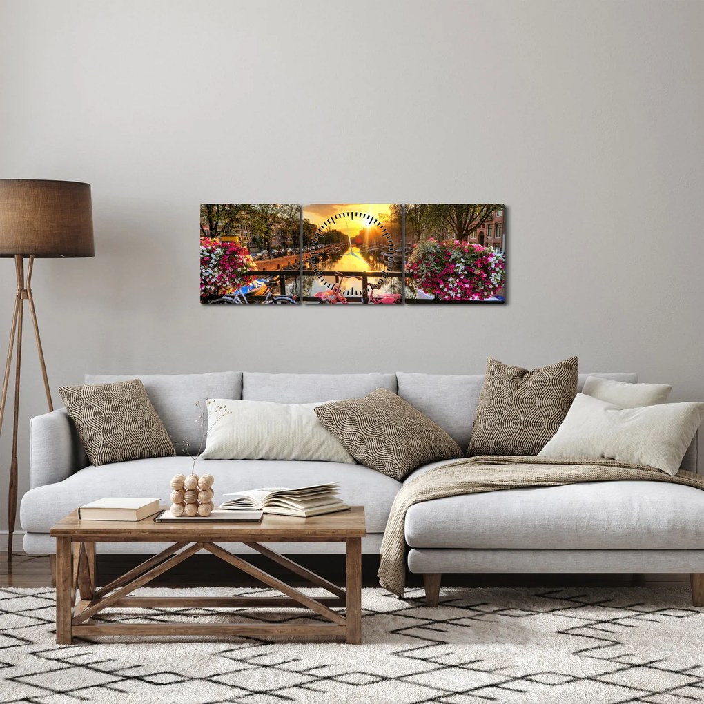 Obraz - Wschód słońca w Amsterdamie (z zegarem) (90x30 cm)