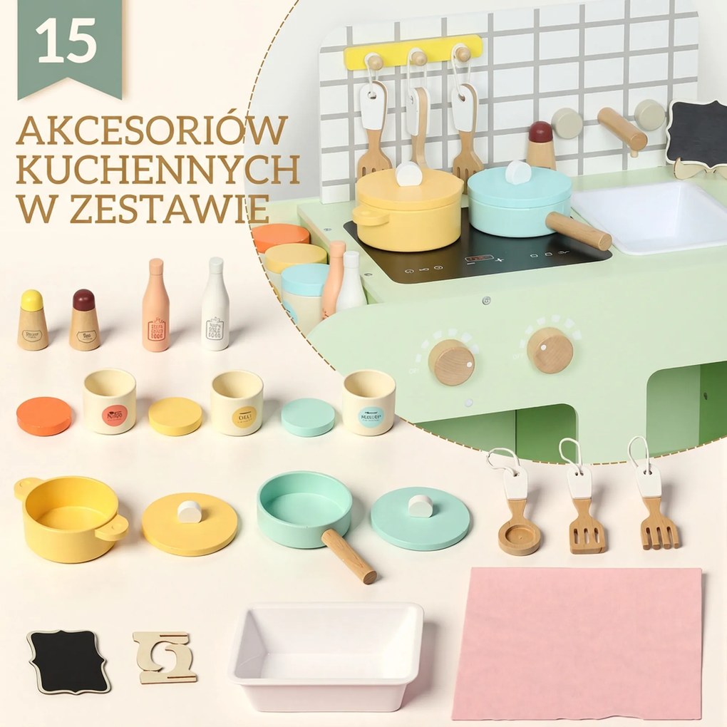AIYAPLAY zestaw kuchni dla dzieci, MDF, 15 akcesoriów, szafki, 40 cm, od 3 lat, zielony