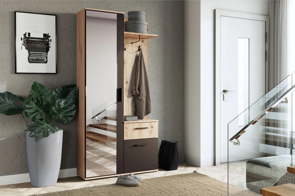 Garderoba RAMO - Dąb artisan / Front Czarny