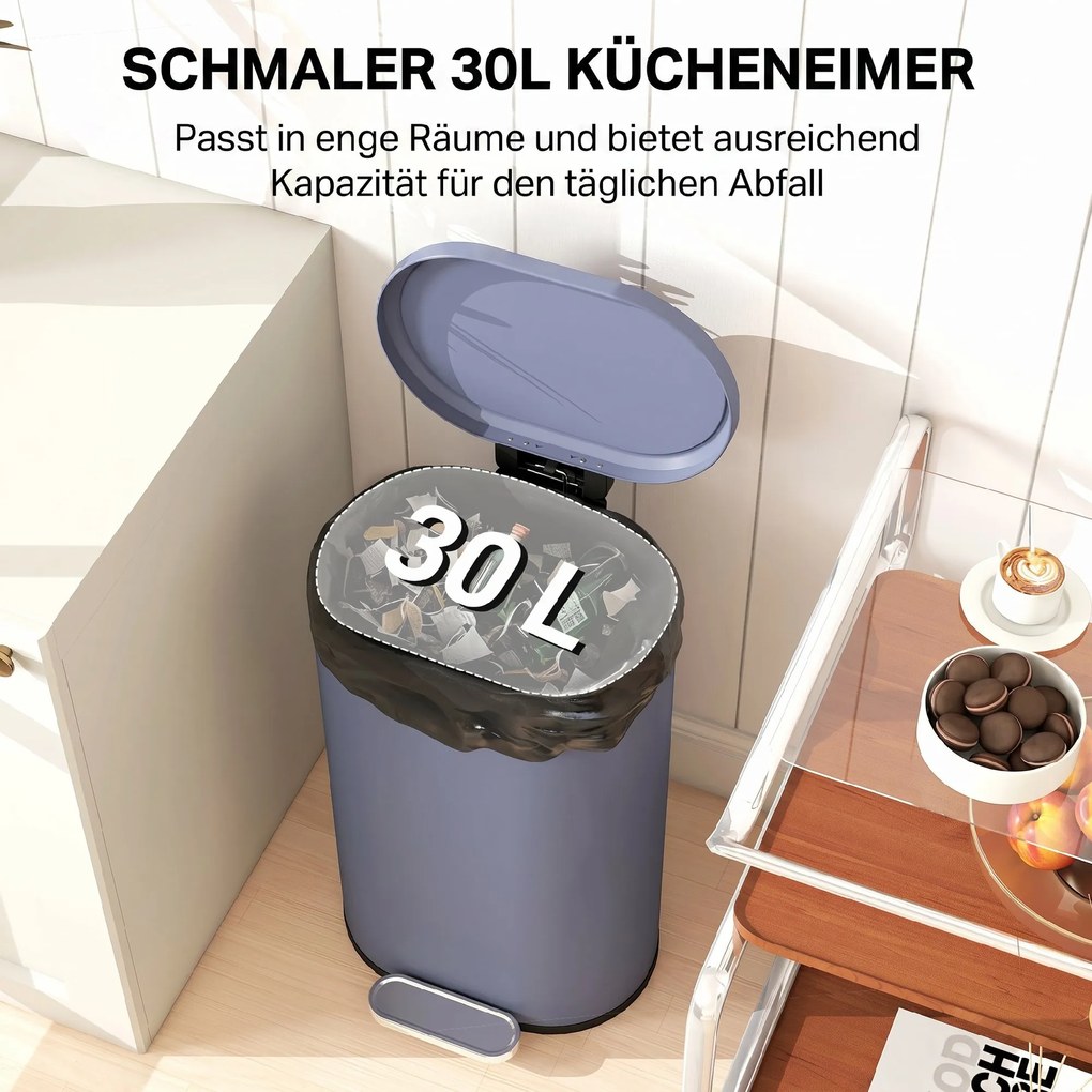 HOMCOM Kosz na śmieci do kuchni 30 l kosz na pedał z pokrywą soft-close, pedał, metalowy, szary, 36,5 X 31 x 61 cm | Aosom PL
