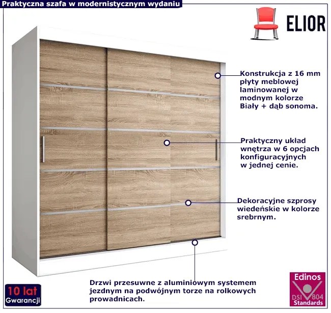 Szafa przesuwna biały + dąb sonoma 200 cm - Bohosa 6X