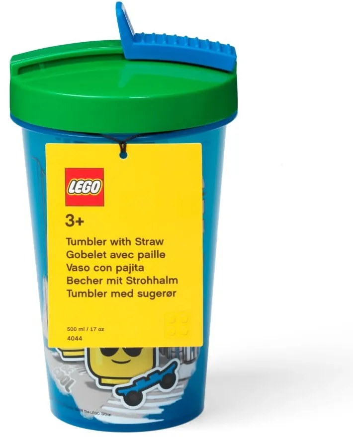 Niebieski kubek podróżny z zielonym wieczkiem i słomką LEGO® Iconic, 500 ml