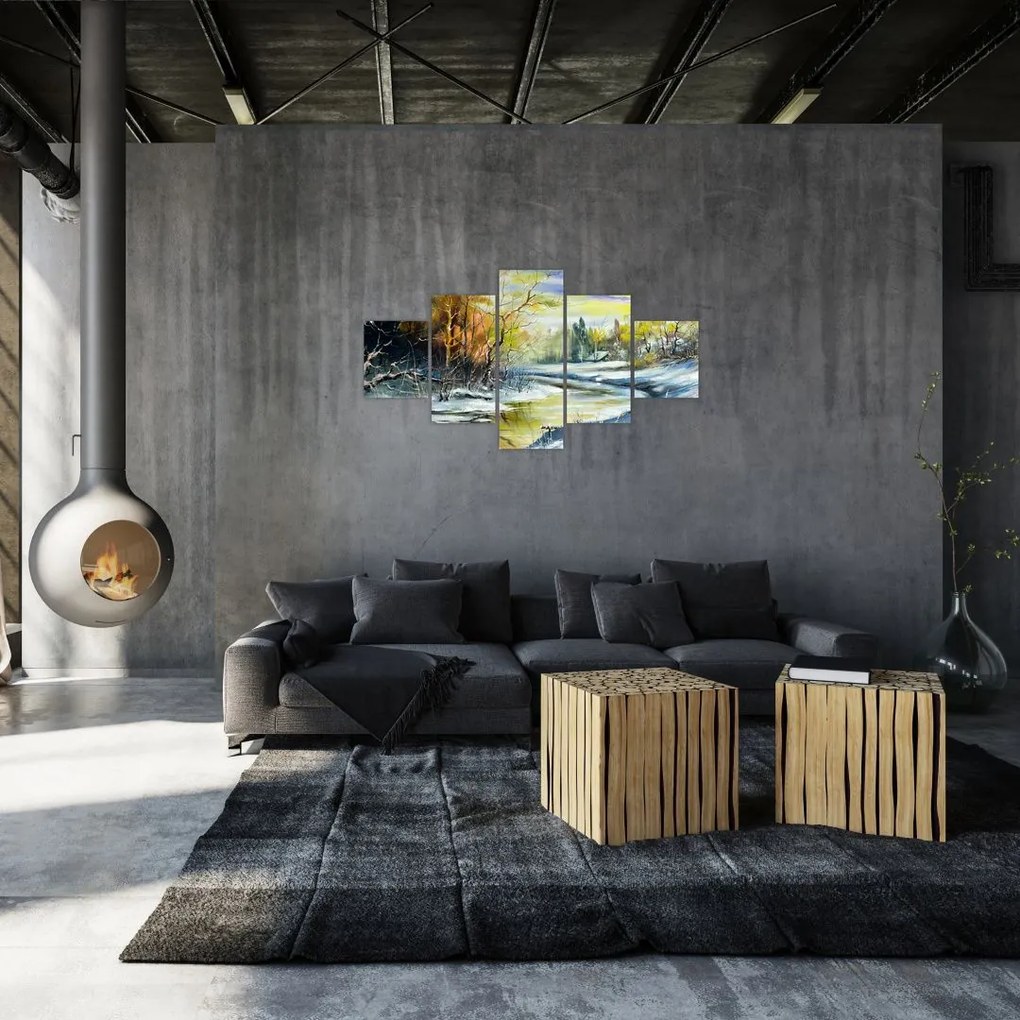 Obraz zimowej rzeki, obraz olejny (125x70 cm)