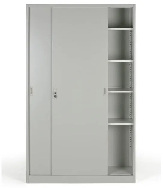Metalowa szafa z przesuwnymi drzwiami, 4 półki, 1200 x 1990 x 450 mm, jasnoszary