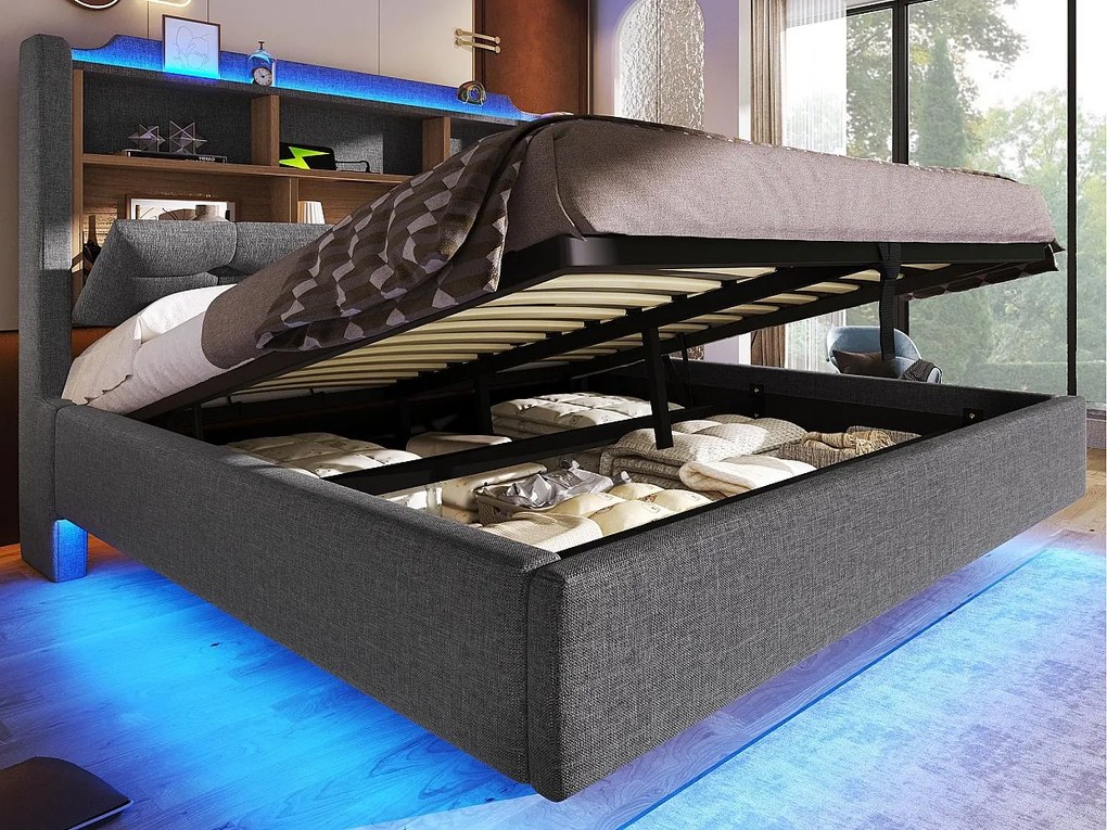 Łóżko tapicerowane ze schowkiem 140x200 cm - z oświetleniem LED - wyposażone w interfejs USB + Type-C - tkanina lniana - szary (materac nie jest wliczony w cenę)