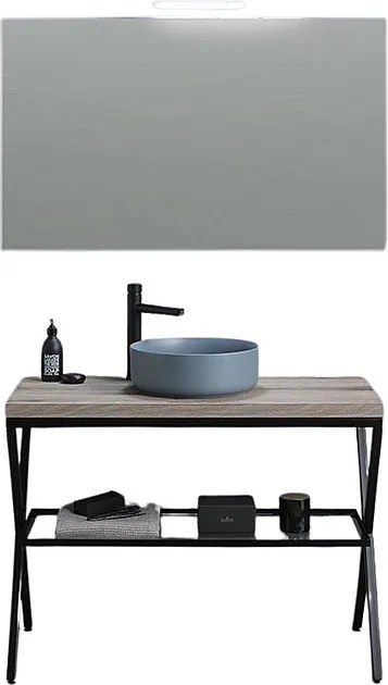 Stojąca szafka łazienkowa "Medellín" 100 cm z dębu kopalnego z okrągłą szarą ceramiczną umywalką i prostokątnym lustrem