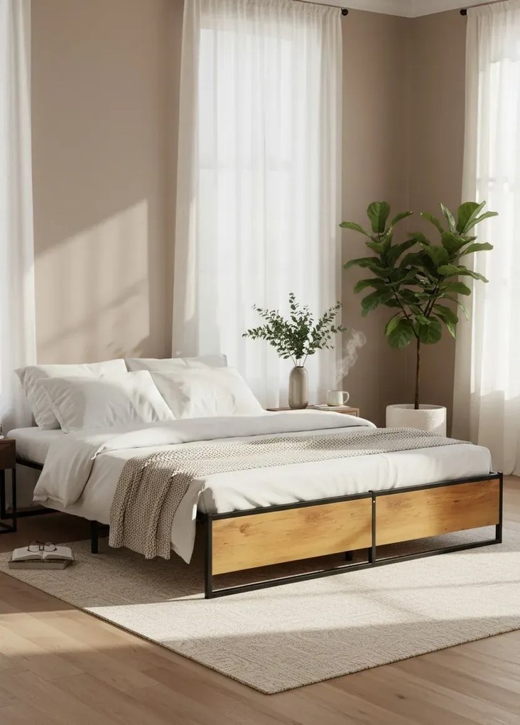 Czarne metalowe niskie łóżko małżeńskie 160x200 cm E0-K54