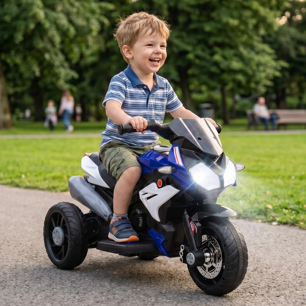 HOMCOM Elektryczny motocykl dla dzieci, z światłami i dźwiękami, 3 km/h, ładowany, plastik i metal, Niebiesko-Czerwony