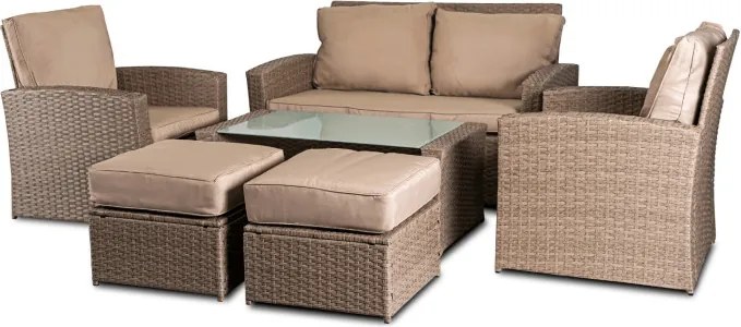 Zestaw Mebli Ogrodowych FLORYDA Beżowy Sofa Krzesła Pufy Stolik Tarasowy Technorattan Nowoczesny