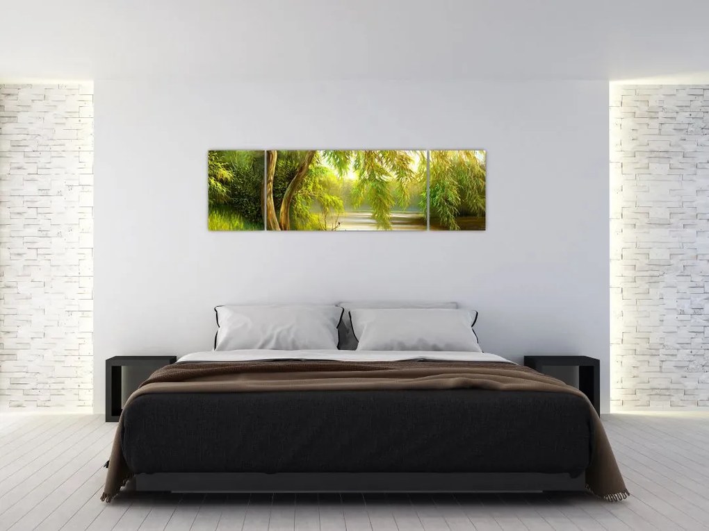 Obraz - Wierzba nad jeziorem, obraz olejny (170x50 cm)