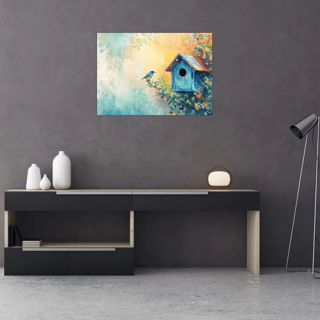 Obraz na szkle - Domek dla ptaków, akwarela (70x50 cm)