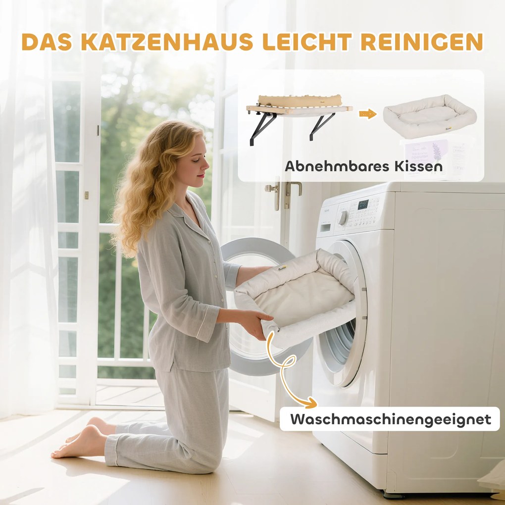 PawHut Domek dla kota z uchwytem na parapety i grzejniki, poduszka, drewniana rama, biały