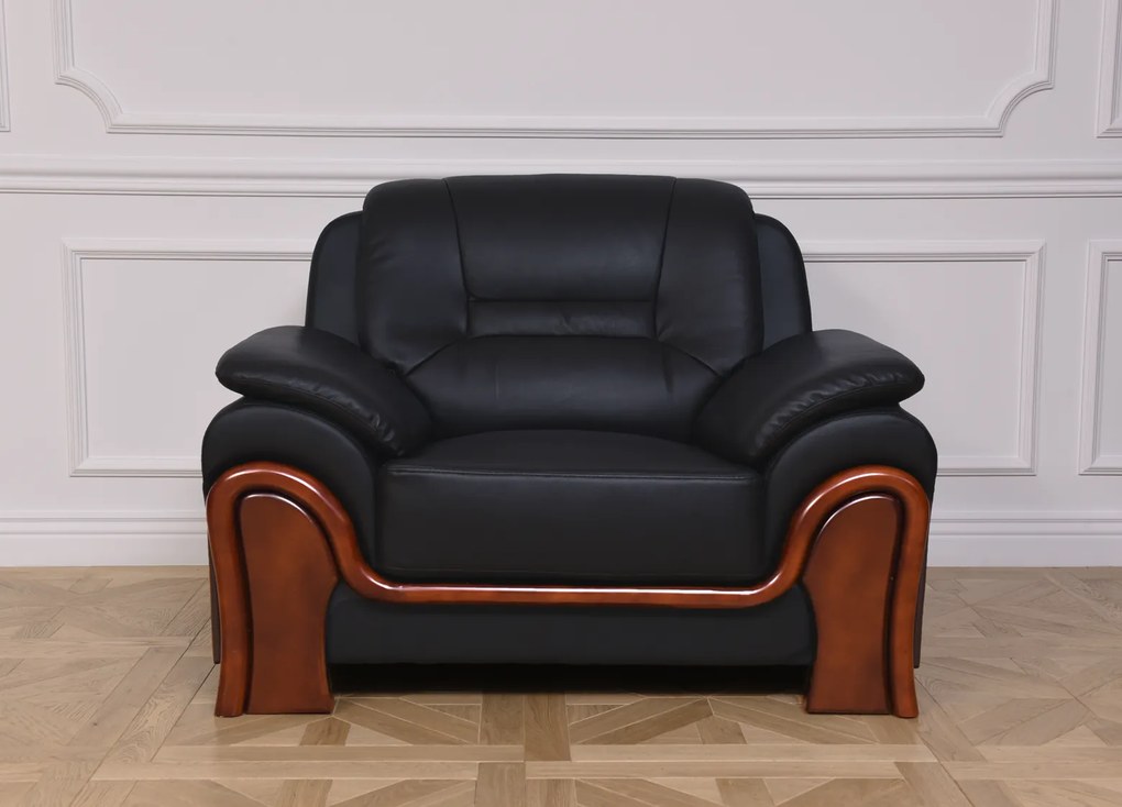 Stylowy, wygodny fotel wypoczynkowy skórzany Palladio do gabinetu, do wyboru kolory czarny, kremowy, brązowy, z dodatkiem elementów drewnianych. Stylowe meble gabinetowe z kolekcji Prestige.