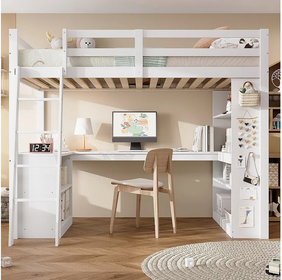 Łóżko piętrowe dla dzieci - 90 x 200 cm - z półką do przechowywania + stolik - sosna + płyta wiórowa - białe