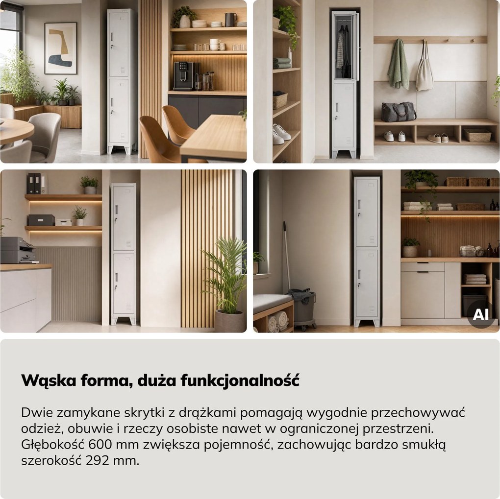 Szafka ubraniowa metalowa pracownicza głęboka 2-drzwiowa szara, 292x1720x600 mm: BARTEK 1 Plus D600