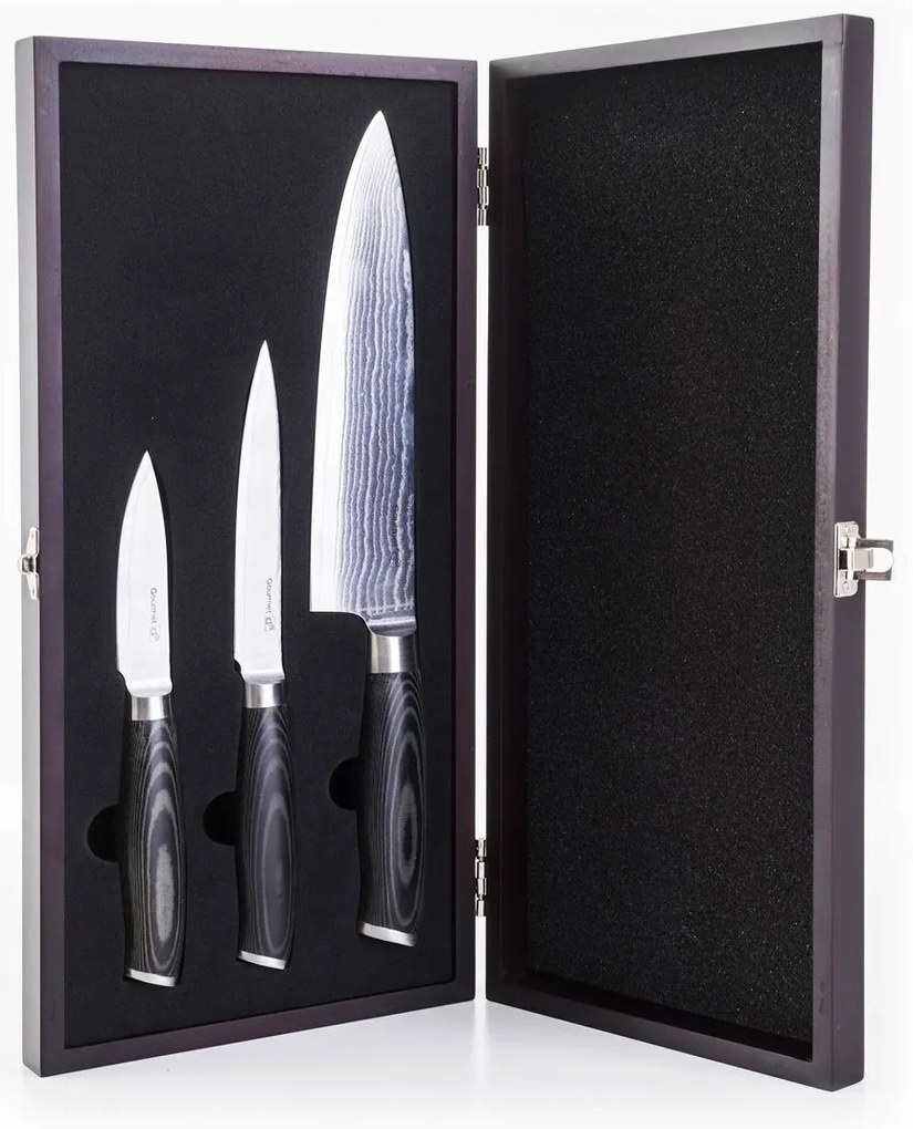 Zestaw noży G21 Gourmet Damascus w bambusowym bloku 3 szt. + kamień do ostrzenia