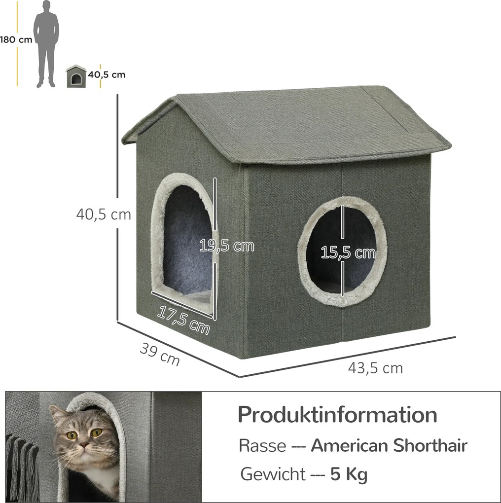 PawHut Domek dla Kotów z Poduszką Dwudrzwiowa Kocia Chata Szary | Aosom PL