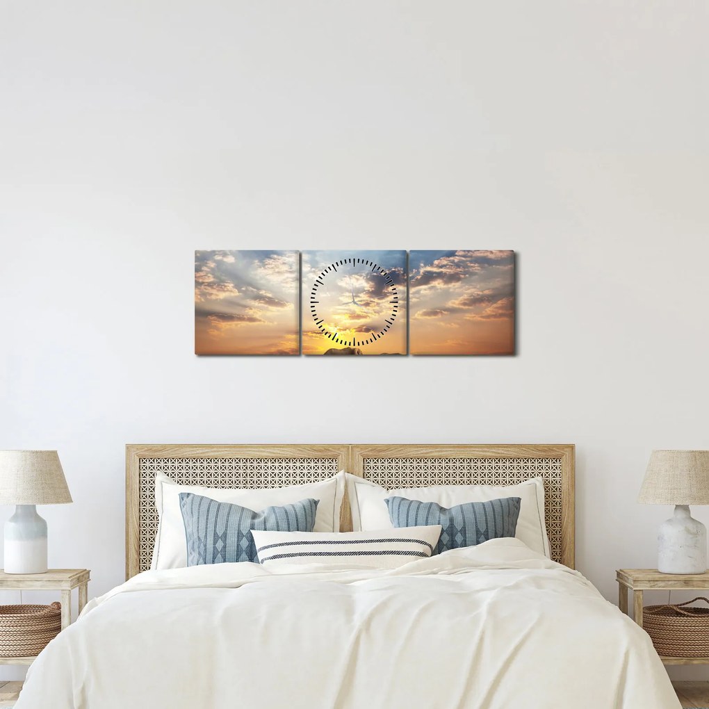 Obraz - Słonie wędrujące po sawannie (z zegarem) (90x30 cm)